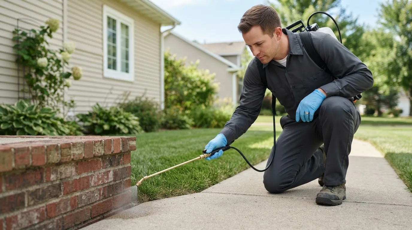 Pest control technician treating a home near Logan, UT